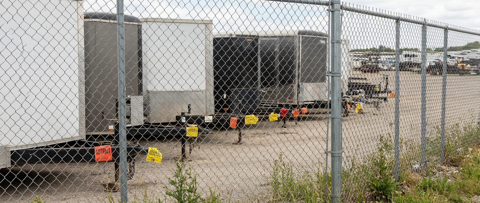Impounded police trailers in an auction lot