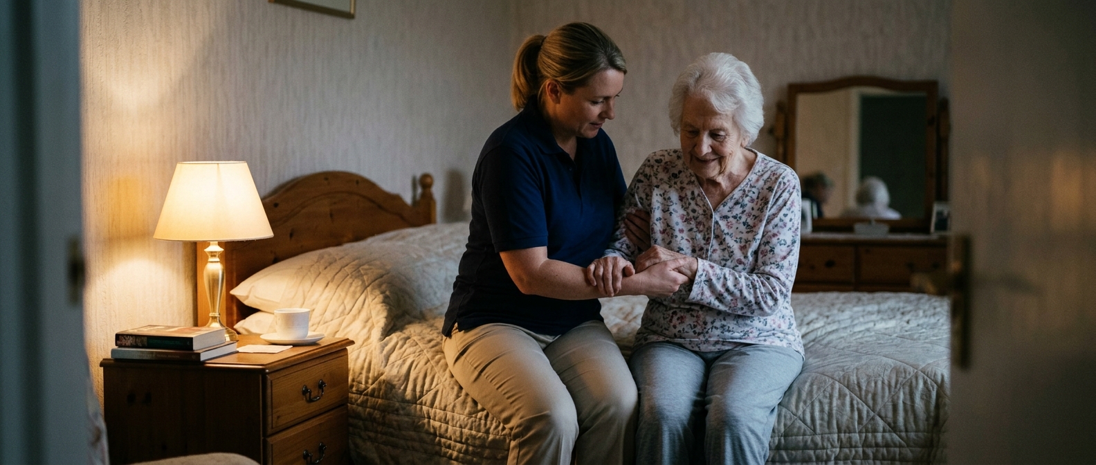 Overnight caregiver assisting an elderly person
