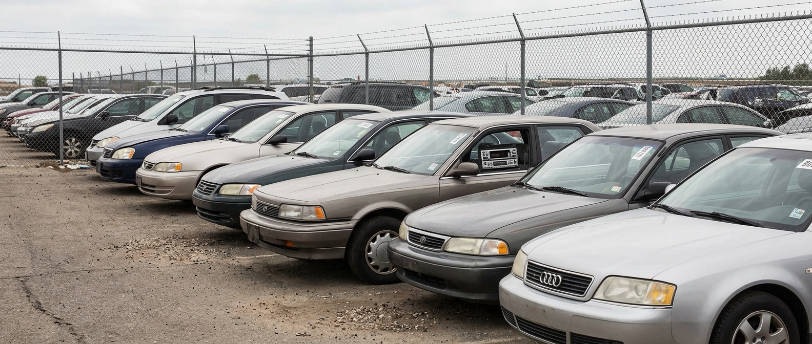 Police impound auction lot with vehicles